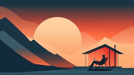 a person relaxing in a chair under a cabin with a stunning sunset over mountains.
