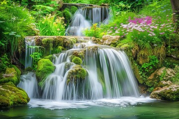 Obraz premium A serene waterfall cascading down moss-covered rocks into a crystal-clear pool below, surrounded by vibrant greenery and wildflowers