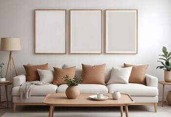 Mockup poster frame on the wall of the living room. Luxurious apartment background with contemporary design. Modern interior design. 3D render