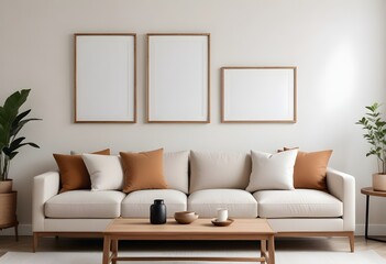 Mockup poster frame on the wall of the living room. Luxurious apartment background with contemporary design. Modern interior design. 3D render