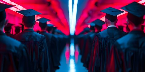 College graduation ceremony with students in black and red robes under neon lights. Concept College graduation, Neon lights, Black robes, Red robes, Students