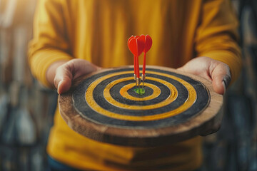Man holding a target with three darts hitting the center, concept of personal coaching success and achieving objectives