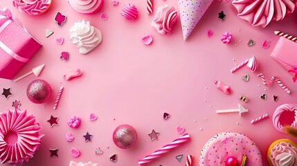Pink birthday party decorations on a pink background.