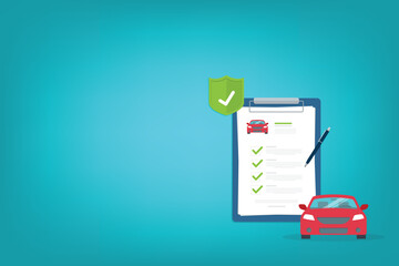 Car insurance document, report. Paper agreement checklist or loan checkmarks form list approved with automobile icon, vehicle financial, car dealership legal deal. Vector illustration	