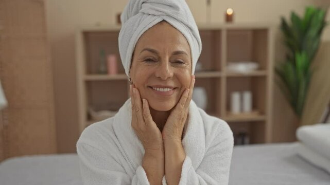 Mature woman in spa room smiling with towel on head and wearing bathrobe, showcasing relaxation and self-care