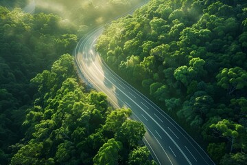 High-angle perspective of a highway passing through a dense forest, with trees lining the roadside and sunlight filtering through the canopy