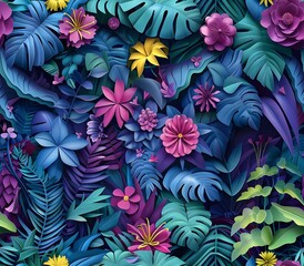 Colorful Paper Flowers and Tropical Leaves