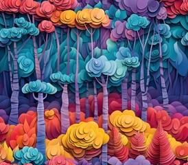 A colorful forest scene with trees in various shades of blue, green, yellow, and red. The trees are made of paper and appear to be in a dreamy, whimsical setting