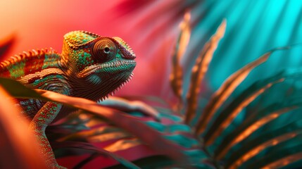 Obraz premium Vibrant close-up of a colorful chameleon perched among tropical leaves, with striking lighting and a vibrant background.