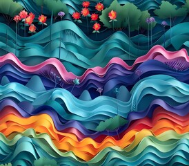 Colorful Abstract Waves with Flowers and Trees