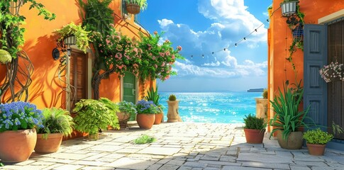 Mediterranean Coastal Alleyway Illustration