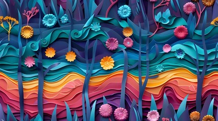 A colorful piece of art with flowers and trees. The colors are bright and vibrant, creating a cheerful and lively atmosphere. The flowers are scattered throughout the piece. The trees are also present