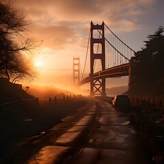 Obraz premium sunset behind a big foggy bridge
