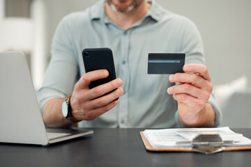 Hands, man or phone with credit card for finance management, insurance policy or investment...