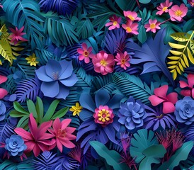Colorful Paper Flowers and Leaves in a Tropical Setting