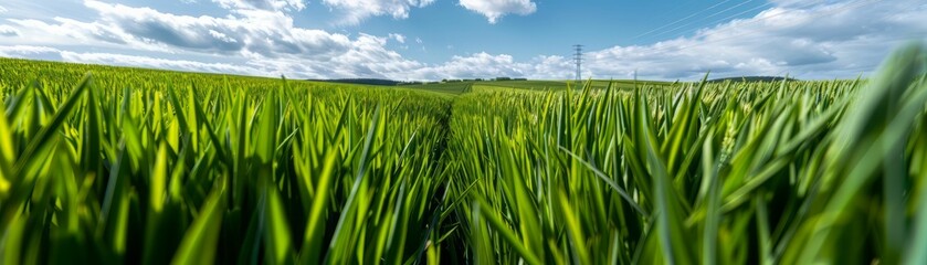 Obraz premium Green Field with Power Lines in the Distance.