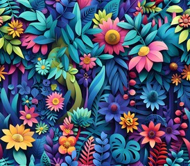 Vibrant Paper Cut-Out Floral Pattern with Multicolored Flowers and Leaves