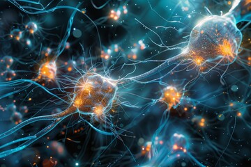 Digital illustration of interconnected biotech cells, highlighting the networked structure and communication within living organisms