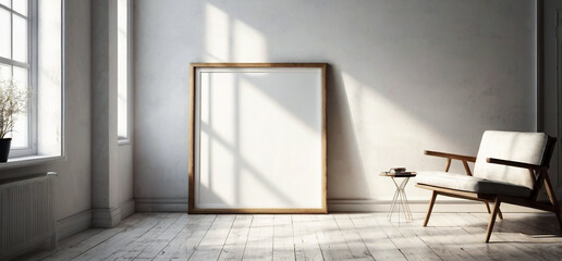 Empty frame in an empty wall, White empty frame mockup