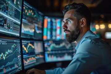Obraz premium Financial journalist reporting on market news, newsroom setting, breaking updates, Financial Services, financial news