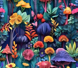 Colorful Paper Flower Forest With Vibrant Vegetation