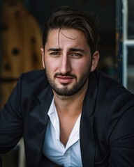 Obraz premium A man in a suit leaning against a wall.