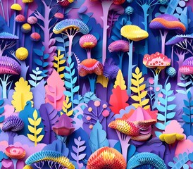 Colorful Paper Forest With Abstract Plants and Mushrooms