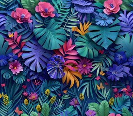 Vibrant Paper Flowers and Lush Tropical Leaves in Colorful Floral Design