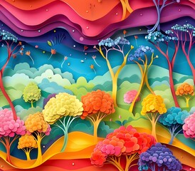Vibrant Abstract Rainbow Forest Landscape with Colorful Trees