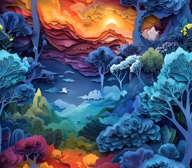 Vibrant Sunrise Over Mountain Landscape in Paper Art Style