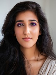 Naklejka premium A young woman with long hair and purple eyeshadow.