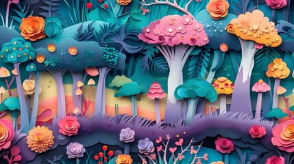 A colorful forest scene with trees, flowers, and mushrooms. Scene is whimsical and playful, with the bright colors and intricate details of the paper flowers and trees