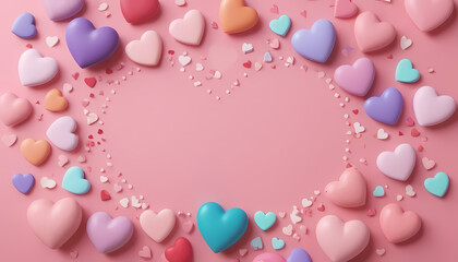 Circular arrangement of hearts on pink background