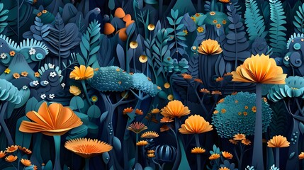 Vibrant Forest Scene with Orange and Green Paper Flowers