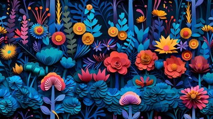 A colorful paper flower garden with a blue background. The flowers are made of paper and are arranged in a way that creates a sense of depth and dimension. Scene is cheerful and whimsical