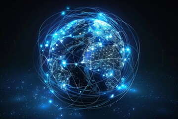 Illustrative artwork of a brilliant globe with luminous lines, depicting the interconnectedness of the digital era