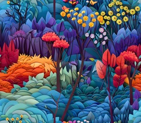 Colorful Abstract 3D Illustration of a Vibrant Forest Scene