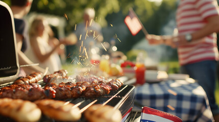 A festive outdoor barbecue setting with a strong patriotic theme