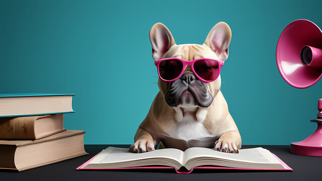 Dog in shades reading book