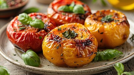  A close-up of a plate of food topped with fresh tomatoes and fragrant basil