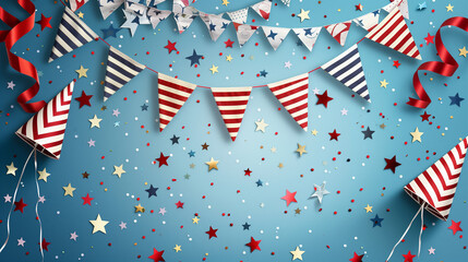 Obraz premium A festive 4th of July theme party setup includes colorful bunting flags with various patterns (stripes, checks, and polka dots), party hats, balloons, and ribbons.