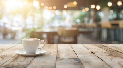 Fototapeta premium Warm and cozy cafe scene with a cup of coffee on a wooden table, perfect for morning relaxation or social gatherings.