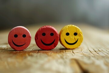 Graphic rendering of a customer satisfaction survey with smiley faces, depicting client feedback and happiness