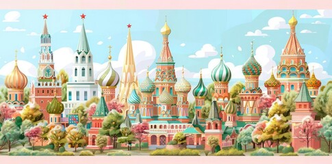 Obraz premium Colorful Illustration of Moscow's Architectural Wonders