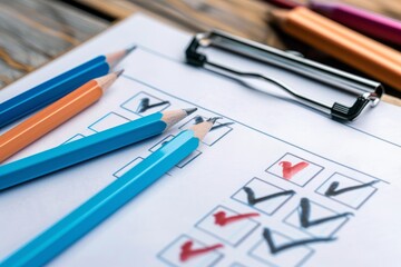 Graphic representation of a customer satisfaction survey with checkboxes, depicting feedback and evaluation