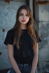 Naklejka premium A young woman in black t - shirt and jeans.
