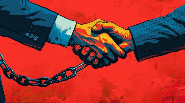 Satirical Handshake: Political Commentary in Vibrant Cartoon Style with Subtle Handcuff Imagery