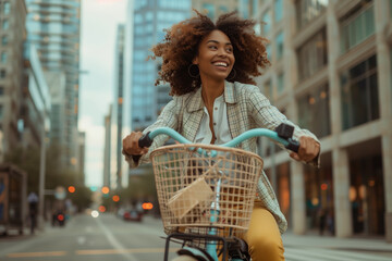 Cycle to Work Day. A photo of a happy black woman riding a bicycle with a shopping basket, wearing a white shirt and yellow jeans on the street in front of a store 