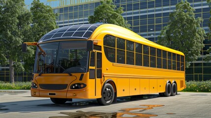 Modern School Bus Powered by Renewable Energy in Vibrant Colors - Realistic Educational Transportation Photo