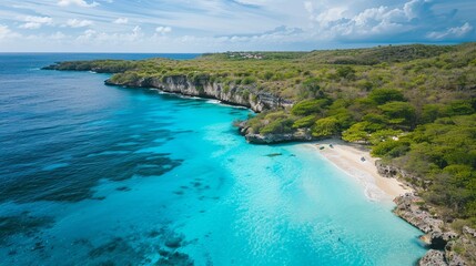 Fototapeta premium From a captivating drone aerial view, Cas Abao Beach (Playa Cas Abao) on the Caribbean island of Curacao unfolds in breathtaking splendor.